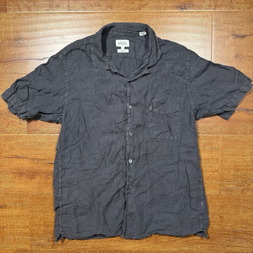 Hartford Button Up Shirt Mens M Gray 100% Linen Shorts Sleeve Camp Loop Collar
